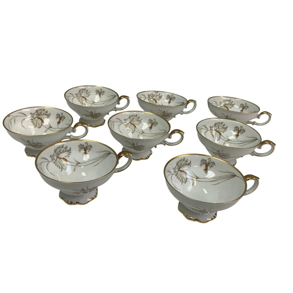 8 Vintage HC10 H & Co Selb Bavaria Germany Heinrich Brown Floral Gold Teacups